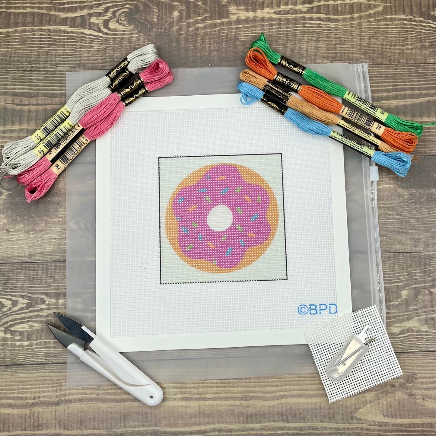 Doughnut Needlepoint Kit Embroidery/Cross Stitch Supplies Blue Poppy Designs