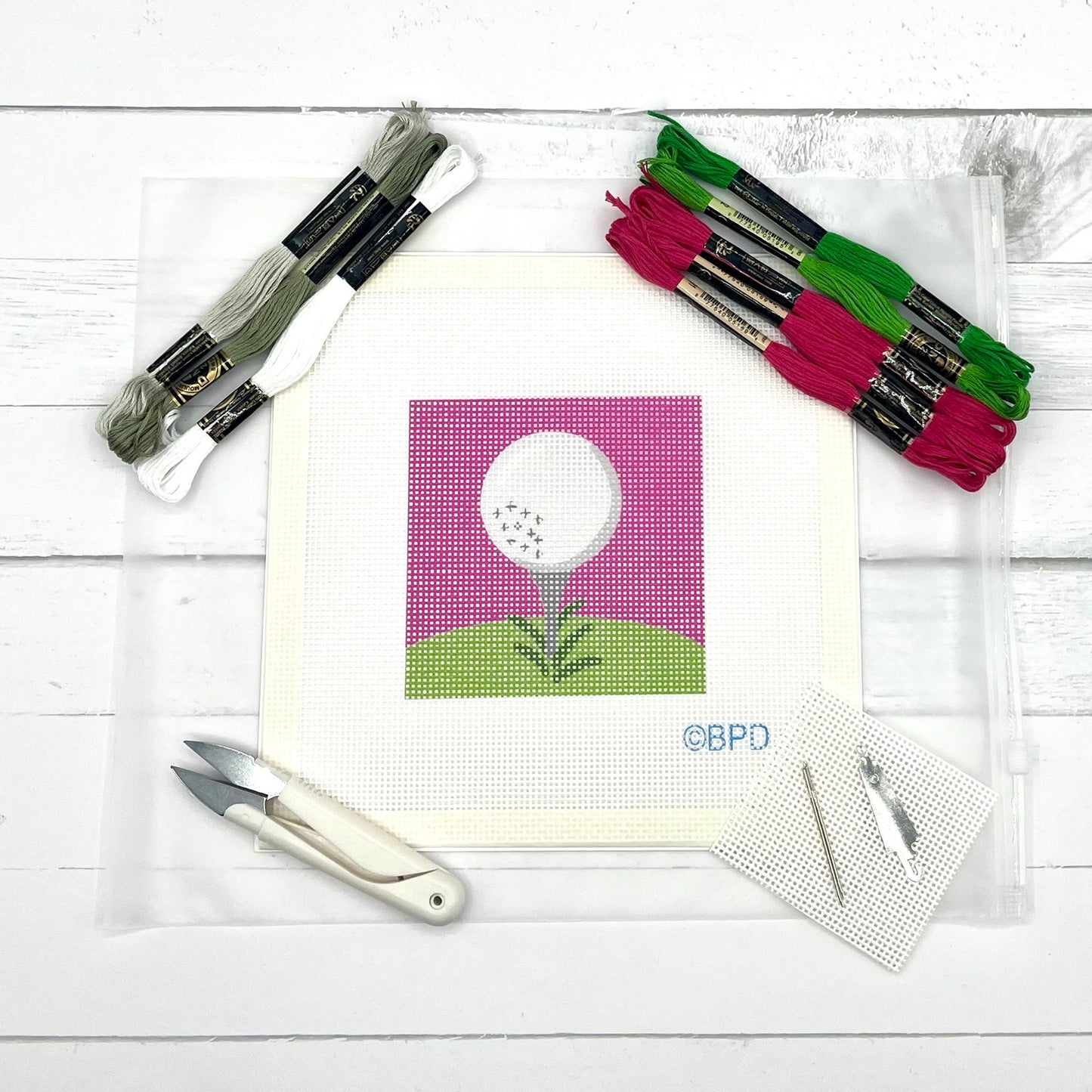 Golf Ball on Tee Needlepoint Kit Embroidery/Cross Stitch Supplies Blue Poppy Designs