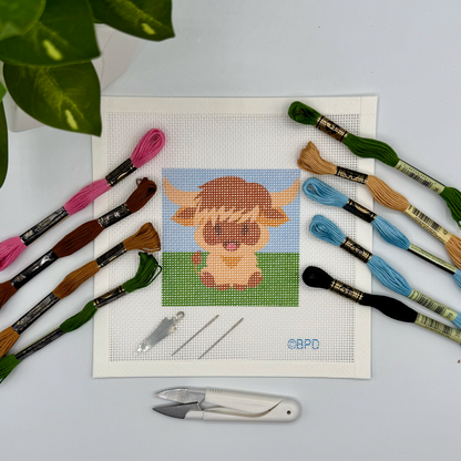 Highland Cow Needlepoint Kit Embroidery/Cross Stitch Supplies Blue Poppy Designs