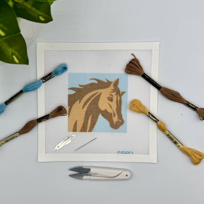 Horse Needlepoint Kit 4x4 Embroidery/Cross Stitch Supplies Blue Poppy Designs