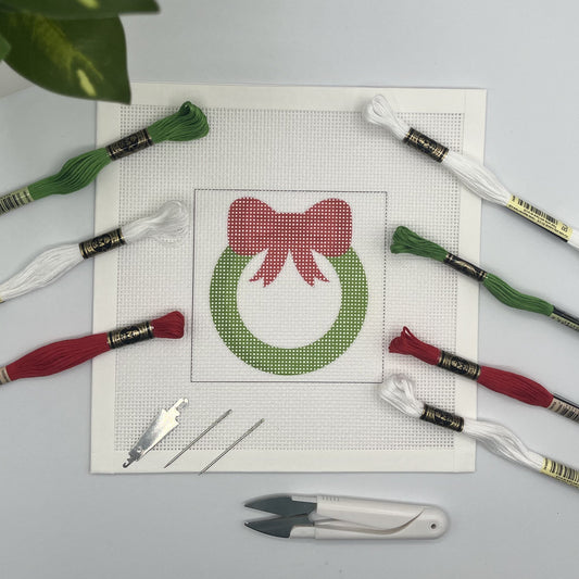 Green Wreath with Red Bow Needlepoint Kit (Christmas Collection) needlepoint Blue Poppy Designs