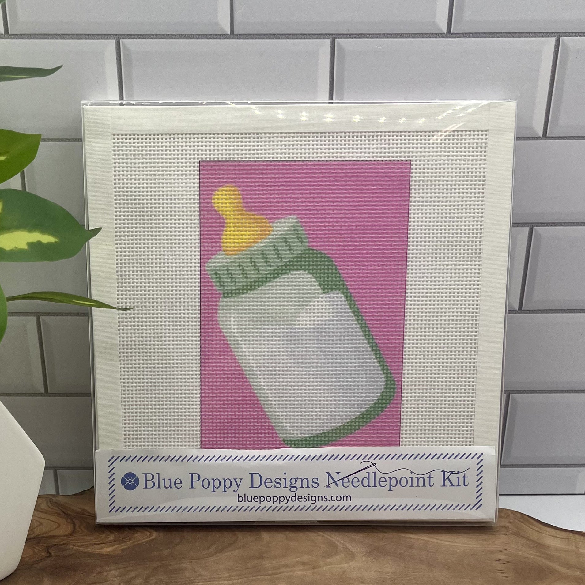 Baby Bottle Needlepoint Kit (Pink Background) needlepoint Blue Poppy Designs