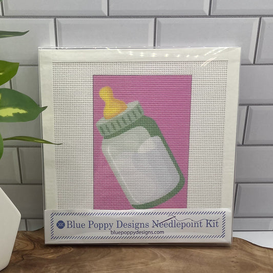 Baby Bottle Needlepoint Design (Pink Background) Needlepoint Kit Blue Poppy Designs