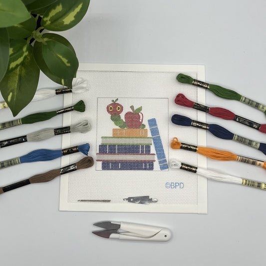 Books with Caterpillar Needlepoint kit needlepoint Blue Poppy Designs