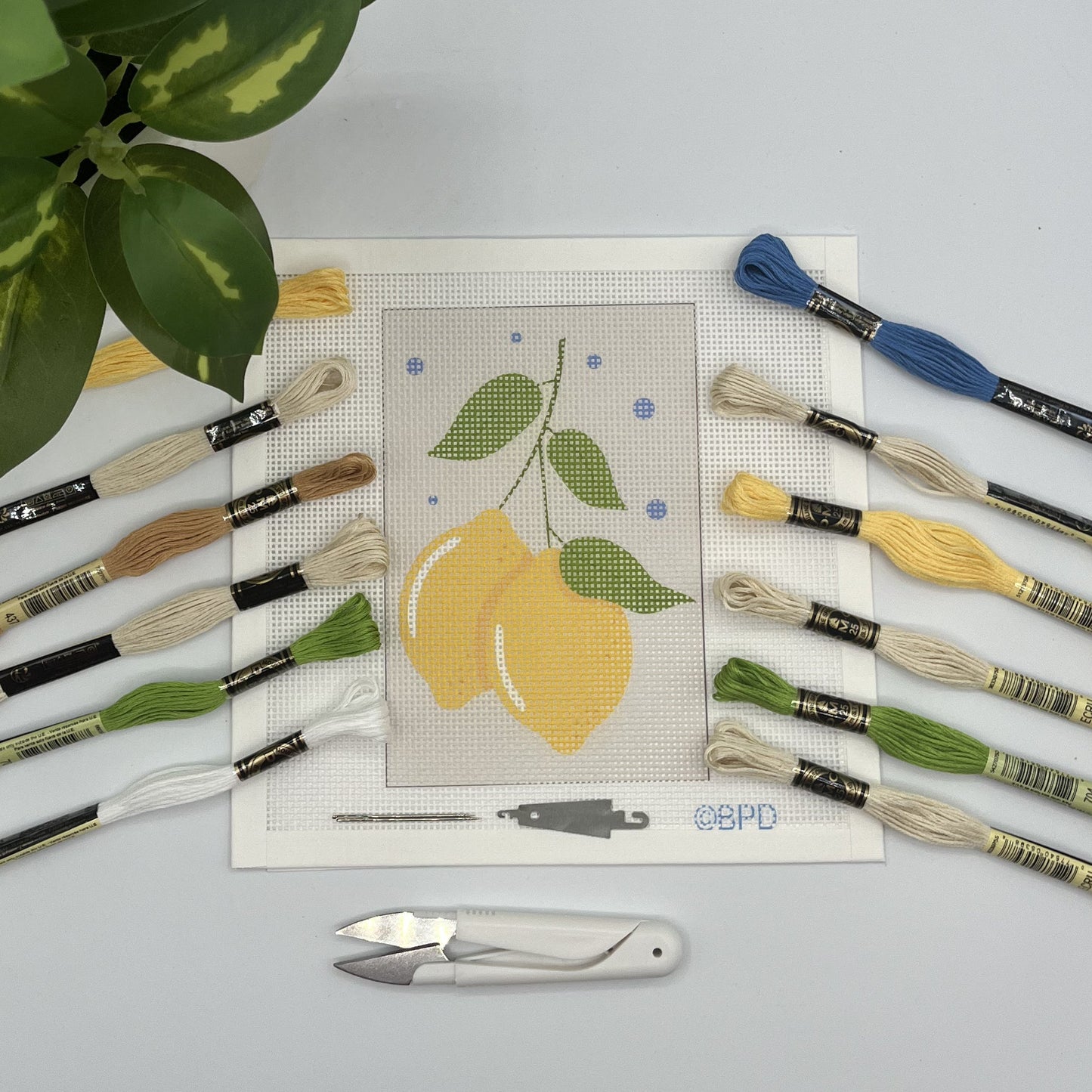Lemons with Six Blue Dots Needlepoint kit needlepoint Blue Poppy Designs