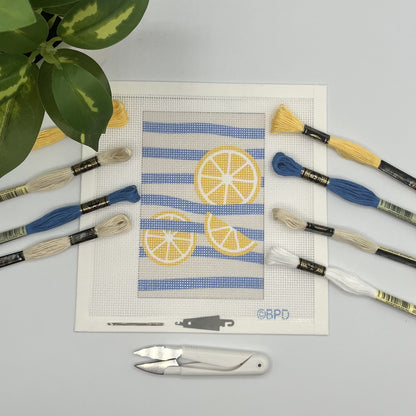 Three Lemons on Blue Stripes Needlepoint kit needlepoint Blue Poppy Designs