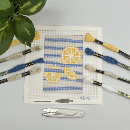 Three Lemons on Blue Stripes Needlepoint kit needlepoint Blue Poppy Designs