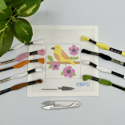 Yellowbird with Pink Flowers Needlepoint Kit needlepoint Blue Poppy Designs