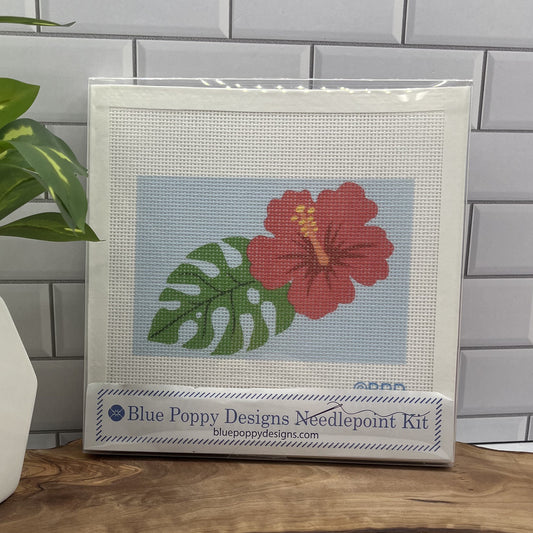 Hibiscus with Monstera Leaf Needlepoint Design Needlepoint Kit Blue Poppy Designs