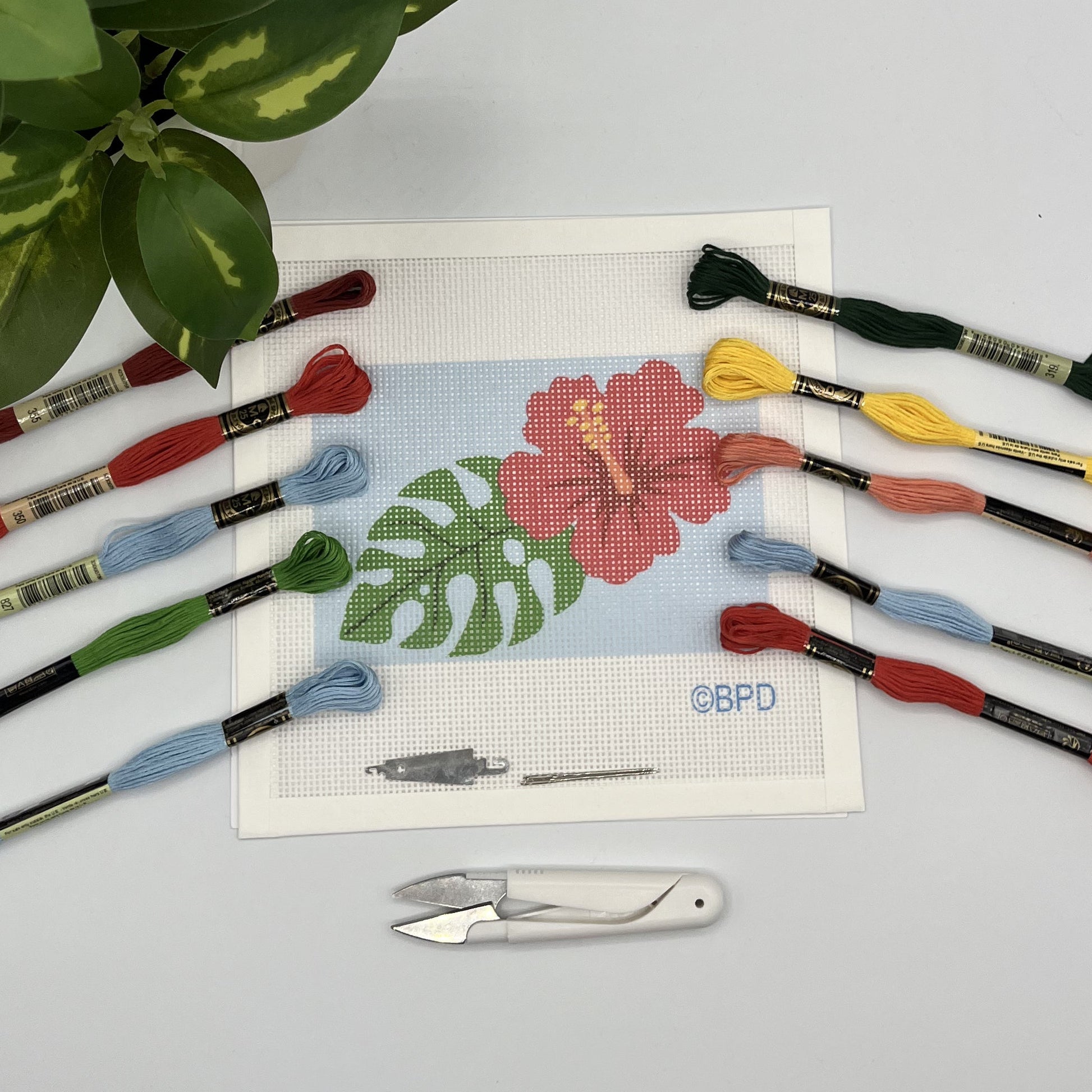 Hibiscus with Monstera Leaf Needlepoint Kit needlepoint Blue Poppy Designs