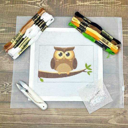 Owl on White Needlepoint Design Needlepoint Kit Blue Poppy Designs Full Kit