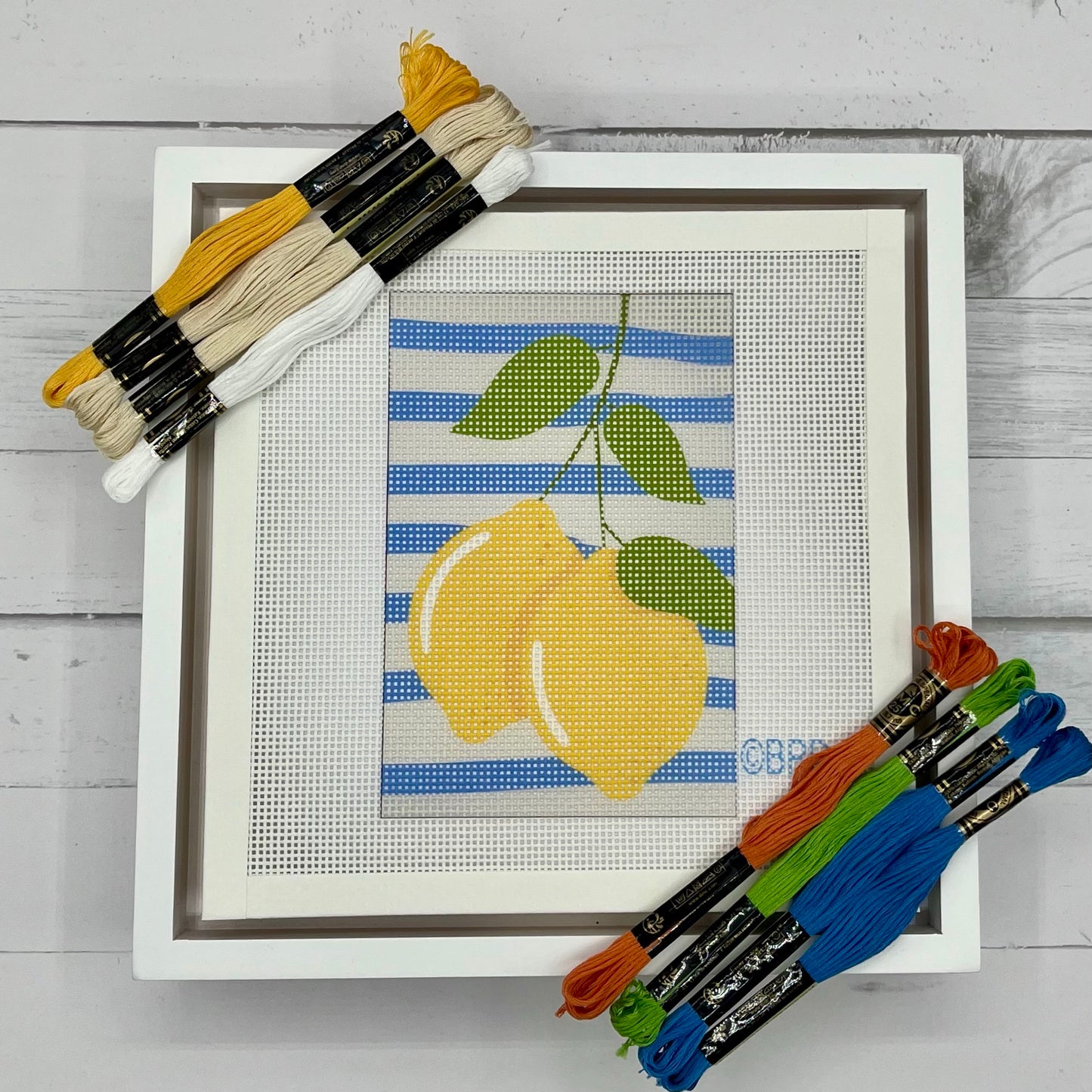 Two Lemons on Blue Stripes Needlepoint Design Needlepoint Kit Blue Poppy Designs