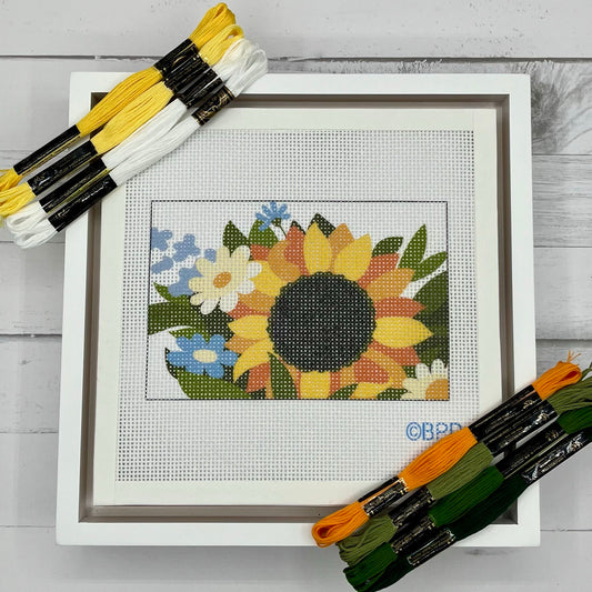 Sunflower with Daisies and Wildflowers Needlepoint Design Needlepoint Kit Blue Poppy Designs
