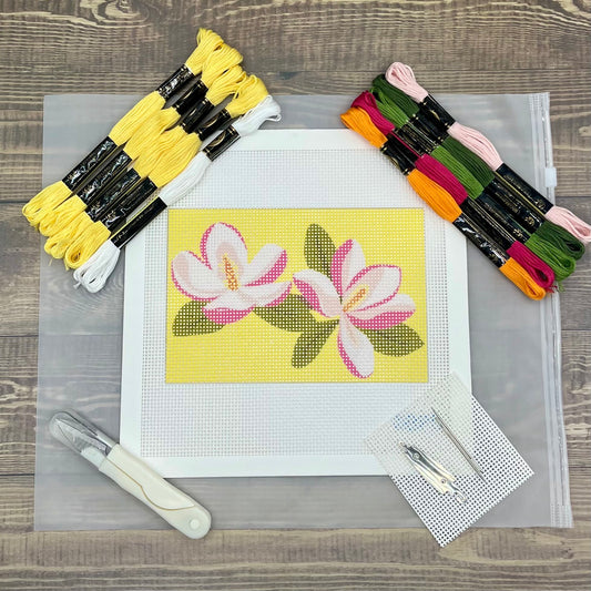 Pink Magnolias on Yellow Needlepoint Design Needlepoint Kit Blue Poppy Designs