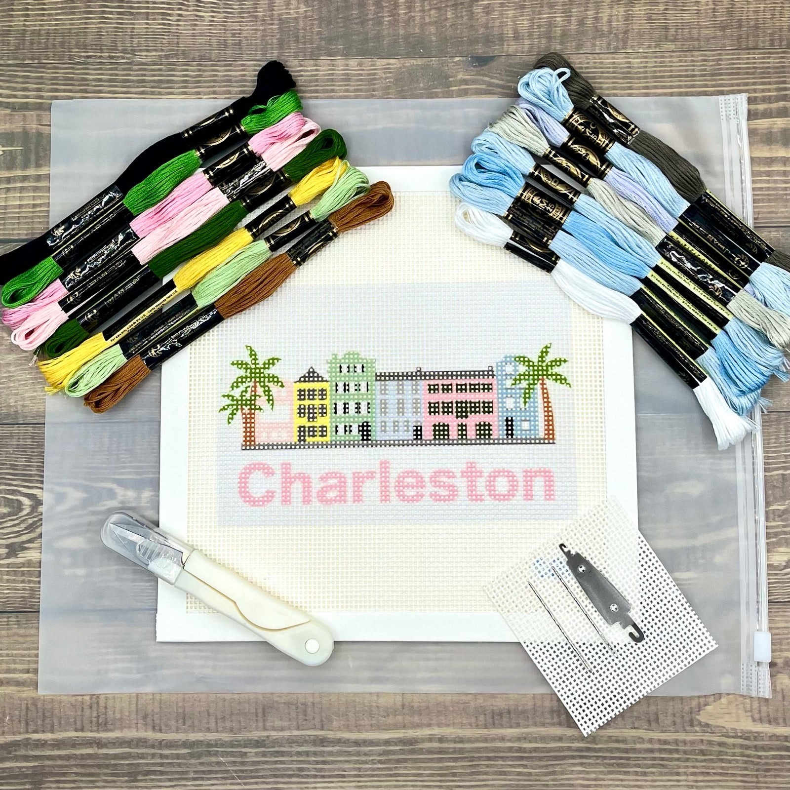 Rainbow Row (Charleston Text) Needlepoint Design Needlepoint Kit Blue Poppy Designs