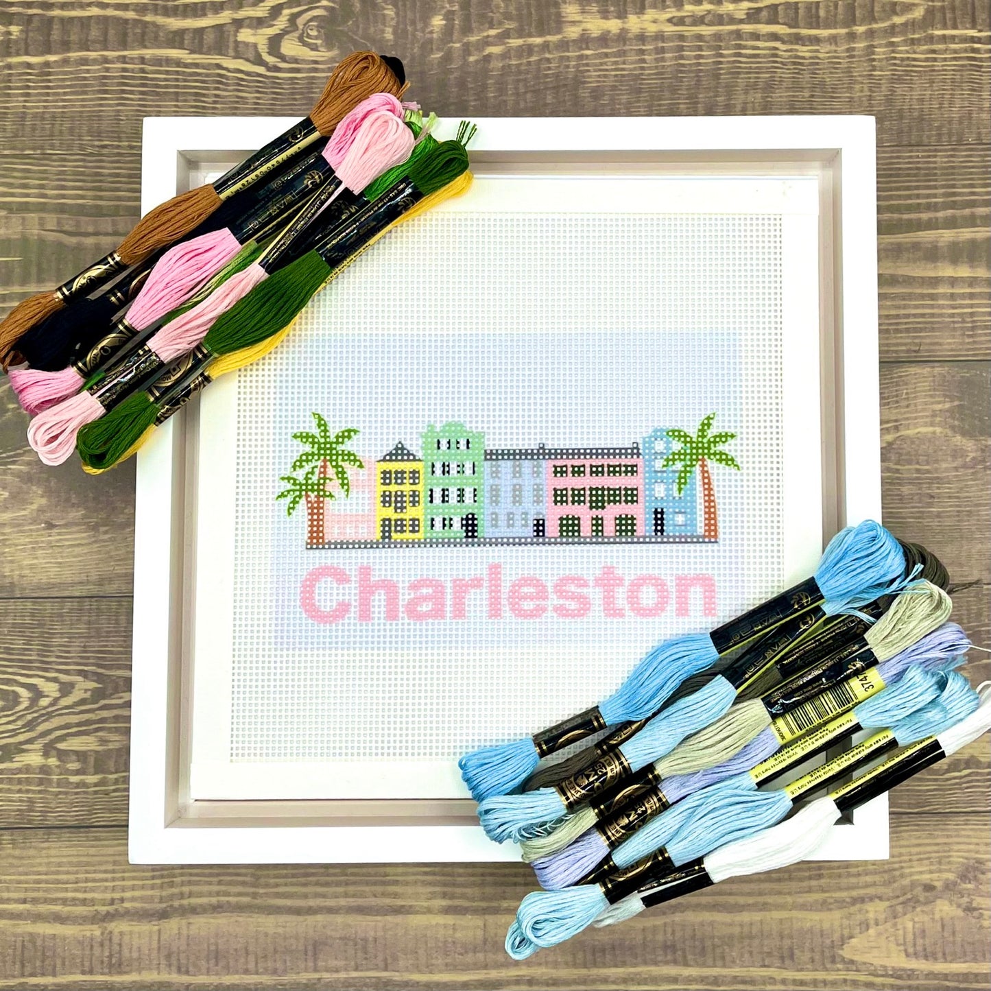 Rainbow Row (Charleston Text) Needlepoint Design Needlepoint Kit Blue Poppy Designs
