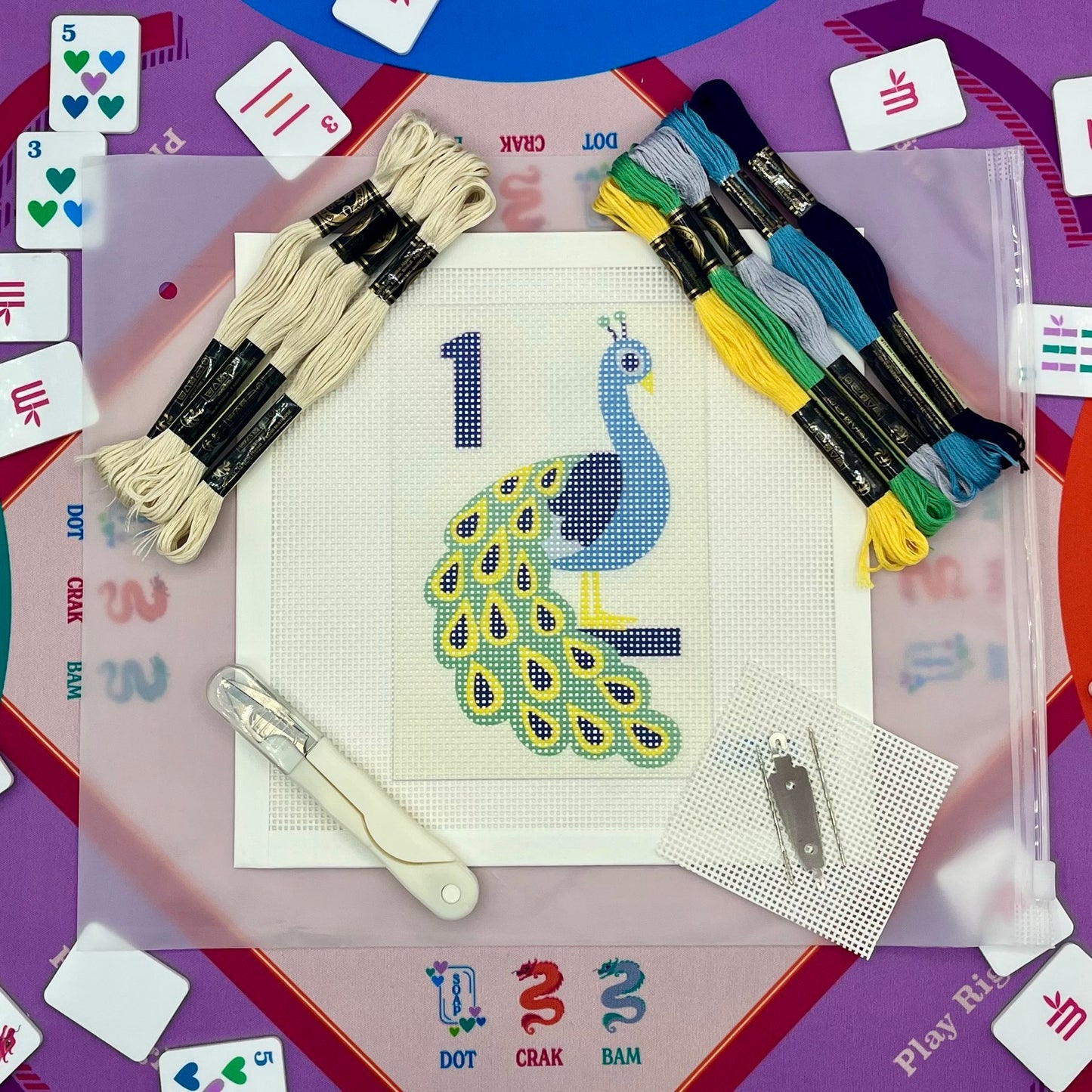 Mahjong One Bird Bamboo Needlepoint Design Peacock Needlepoint Kit Blue Poppy Designs