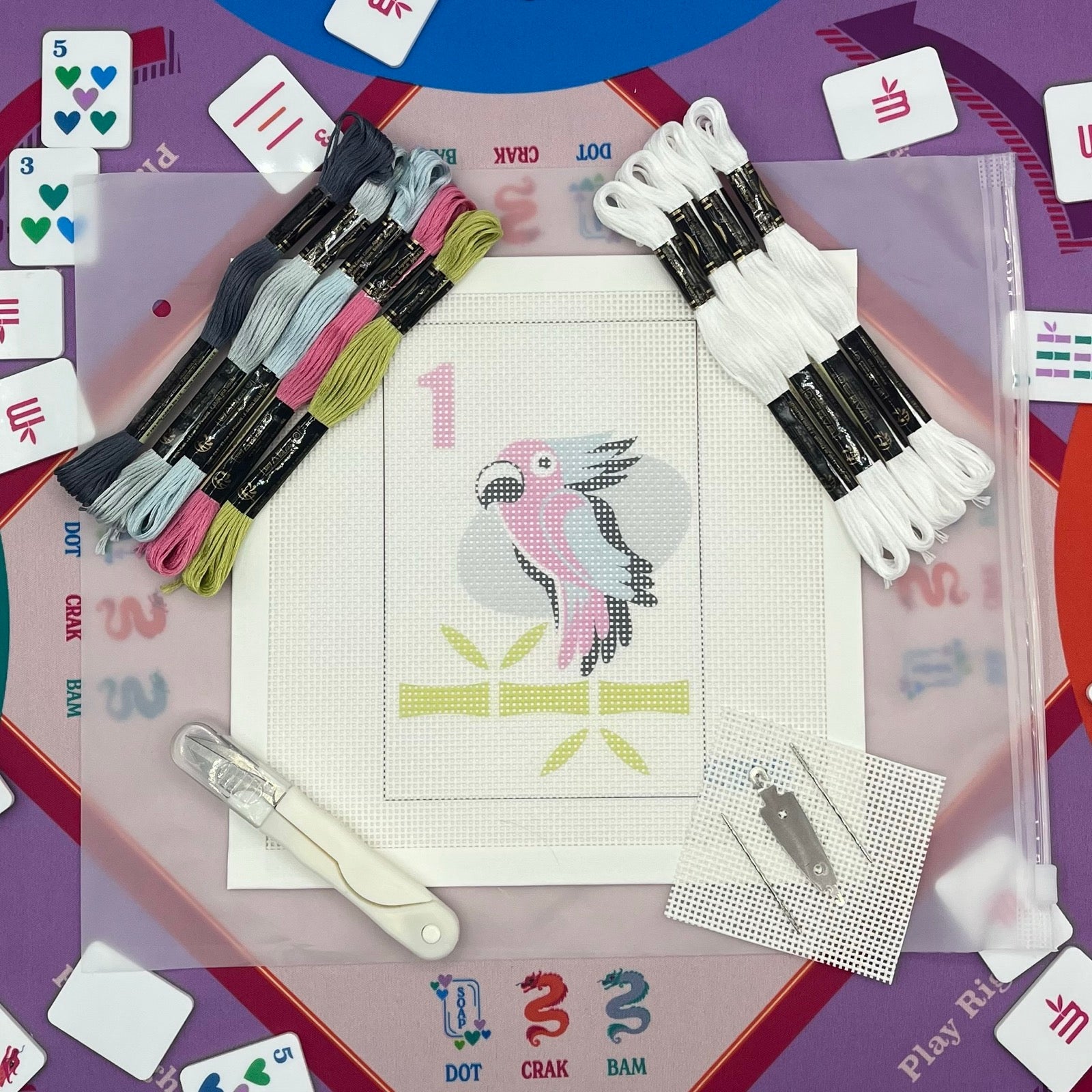 Mahjong One Bird Bamboo Needlepoint Design Parrot Needlepoint Kit Blue Poppy Designs