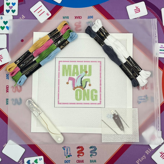 "Mahjong" with Joker Hat and Pink Bamboo Needlepoint Design