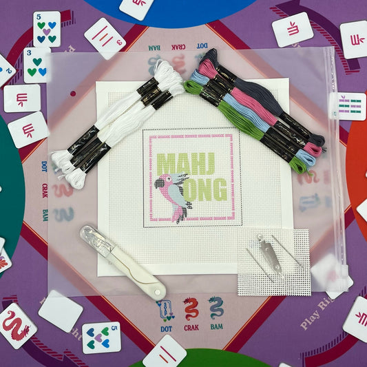 "Mahjong" with Parrot and Pink Bamboo Needlepoint Design