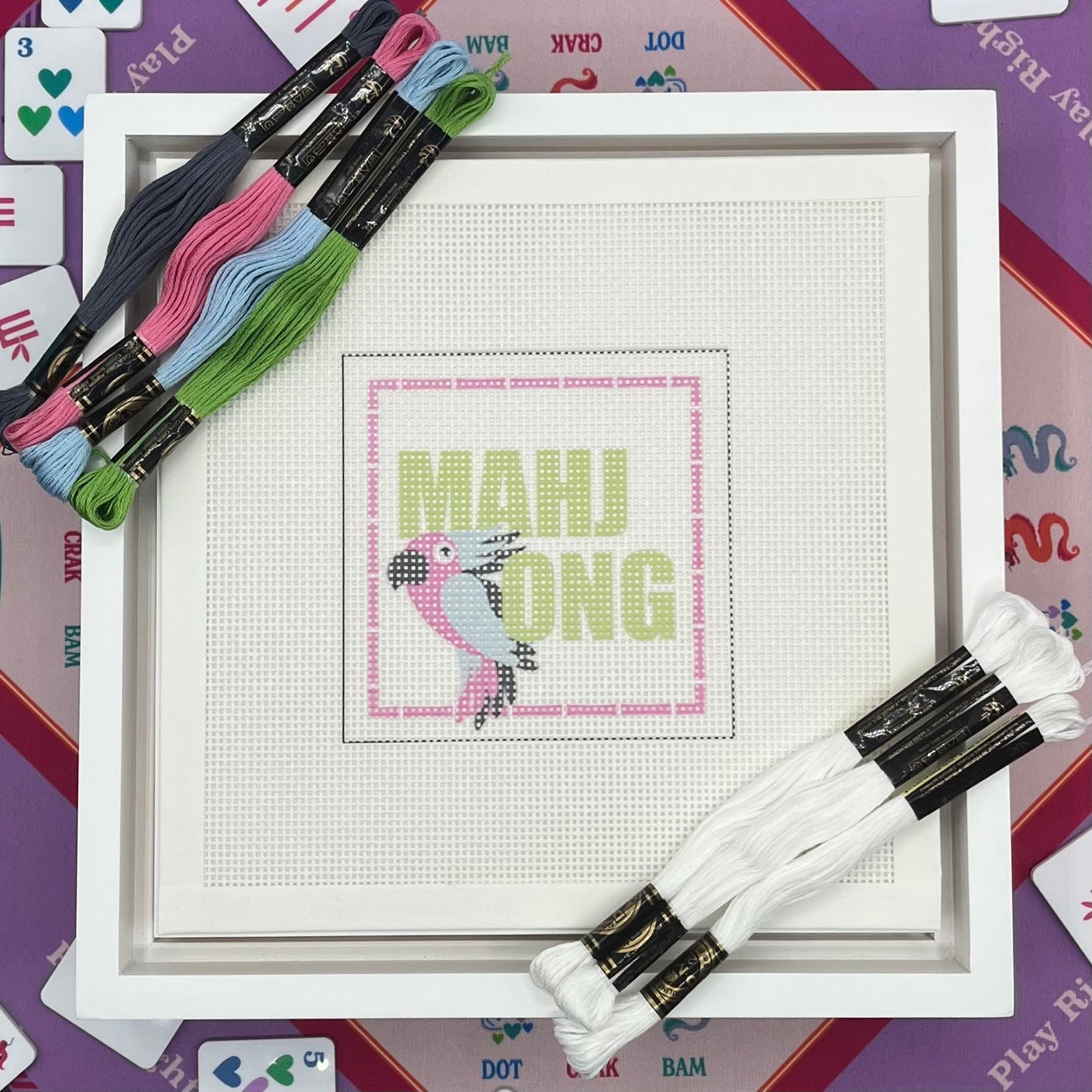 "Mahjong" with Parrot and Pink Bamboo Needlepoint Design Needlepoint Kit Blue Poppy Designs
