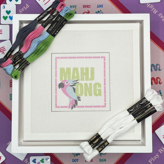 "Mahjong" with Parrot and Pink Bamboo Needlepoint Design Needlepoint Kit Blue Poppy Designs