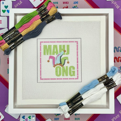 "Mahjong" with Joker Hat and Pink Bamboo Needlepoint Design Needlepoint Kit Blue Poppy Designs
