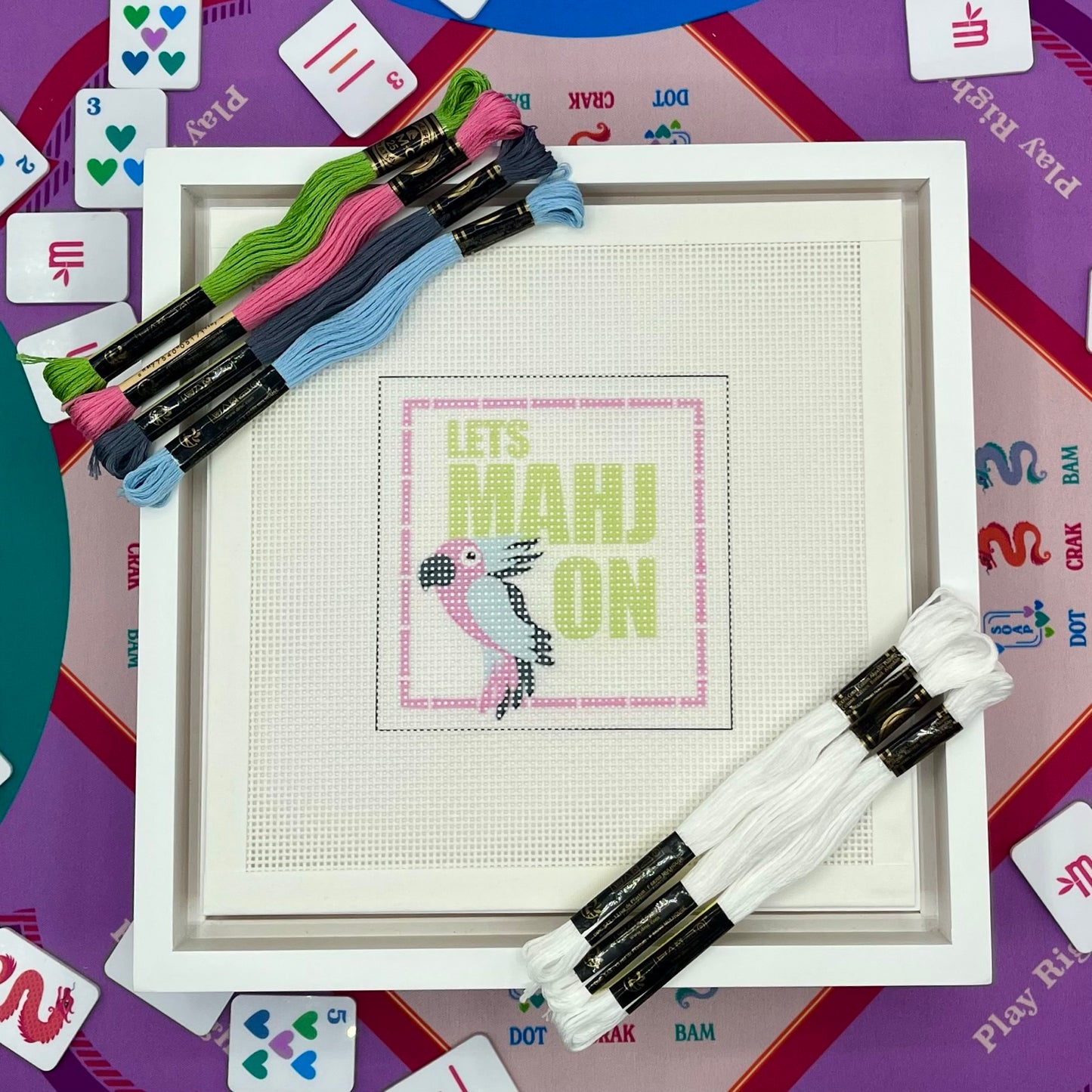 "Lets Mahj On" Needlepoint Design (Mahjong Parrot) Needlepoint Kit Blue Poppy Designs