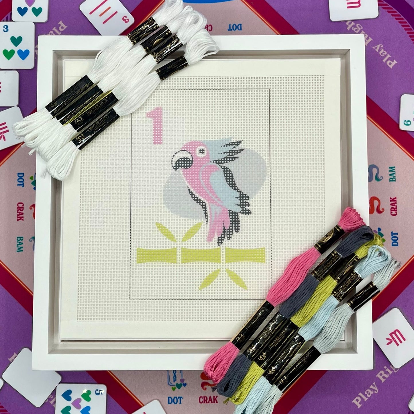 Mahjong One Bird Bamboo Needlepoint Design Parrot Needlepoint Kit Blue Poppy Designs