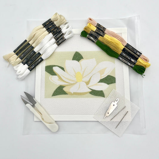 Magnolia on Pale Green 6x4 Needlepoint Design Needlepoint Kit Blue Poppy Designs