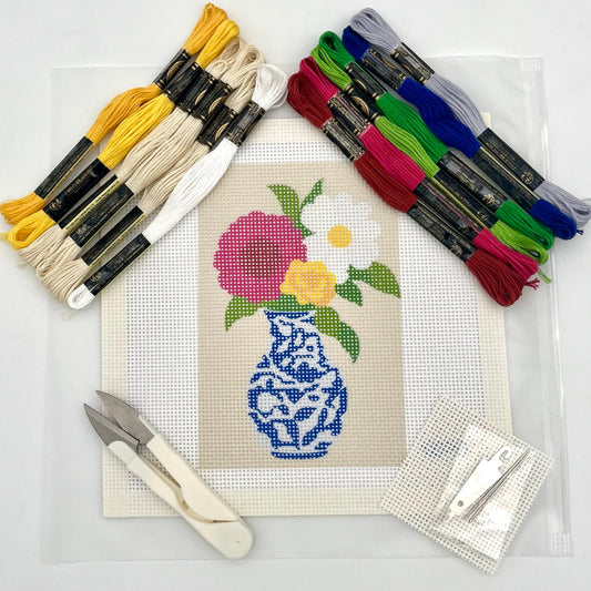 Vase and Colorful Flowers (Chinoiserie) Needlepoint Design