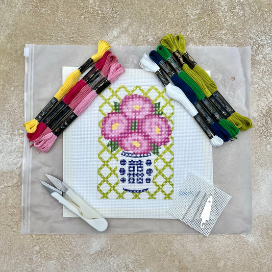 Vase and Pink Flowers (Chinoiserie) Needlepoint Design Needlepoint Kit Blue Poppy Designs