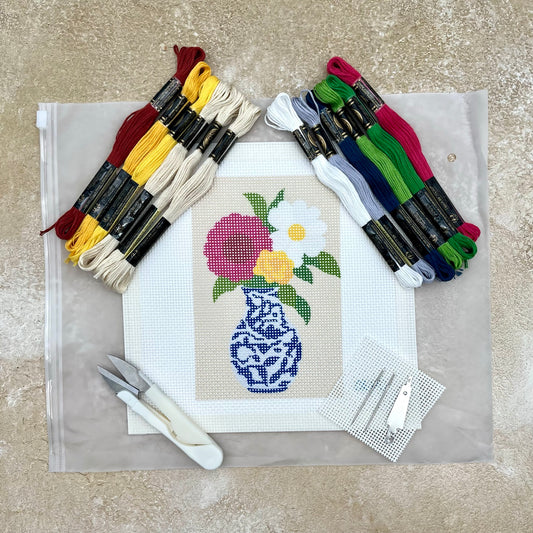 Vase and Colorful Flowers (Chinoiserie) Needlepoint Design