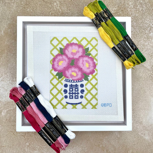 Vase and Pink Flowers (Chinoiserie) Needlepoint Design Needlepoint Kit Blue Poppy Designs