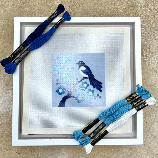 Magpie on Blossom (Chinoiserie) Needlepoint Design Needlepoint Kit Blue Poppy Designs