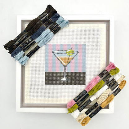 Martini on a striped background Needlepoint Design Needlepoint Kit Blue Poppy Designs
