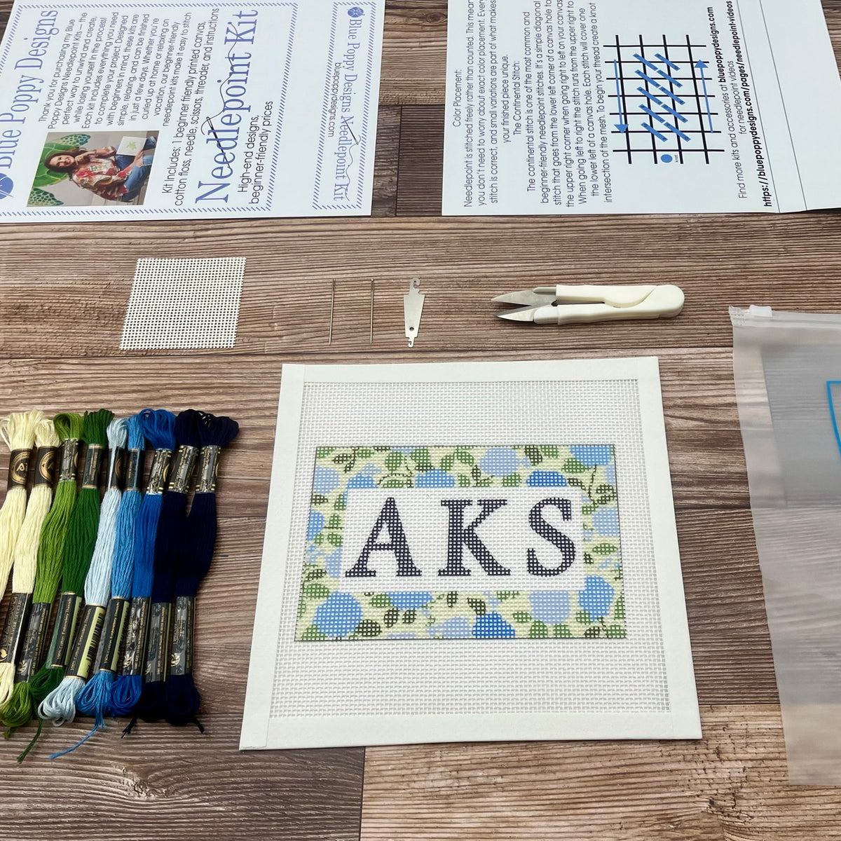 Custom Three Letters Blue Hydrangea Background Needlepoint Design