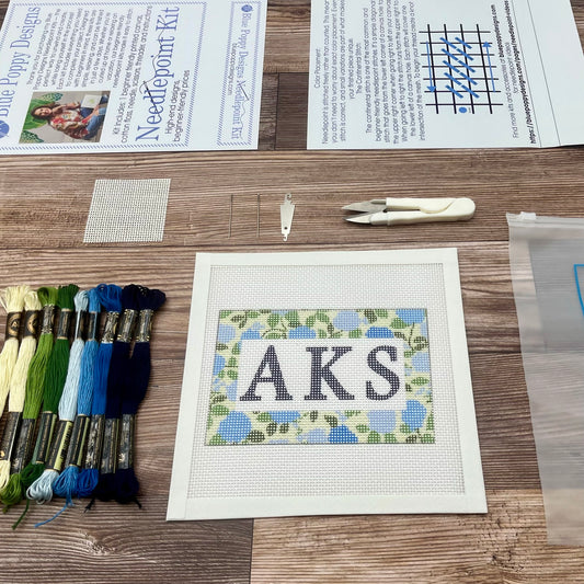 Custom Three Letters Blue Hydrangea Background Needlepoint Design