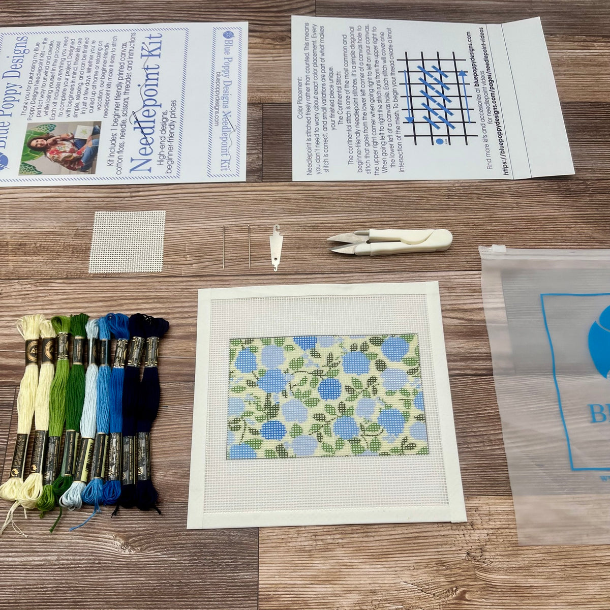 Custom Three Letters Blue Hydrangea Background Needlepoint Design