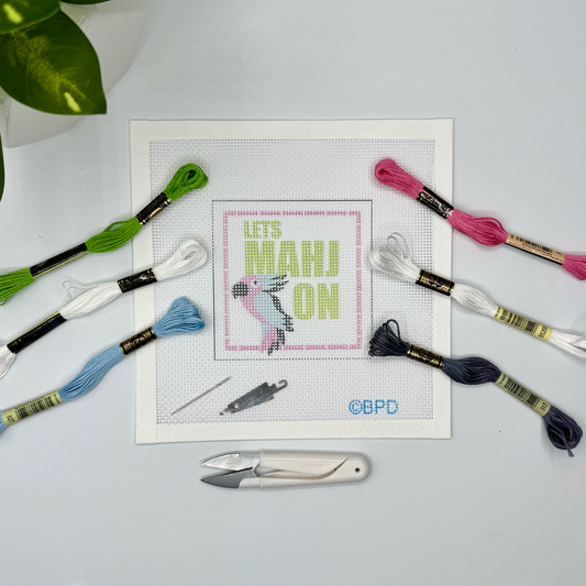 "Lets Mahj On" Needlepoint Kit (Mahjong Parrot) Embroidery/Cross Stitch Supplies Blue Poppy Designs