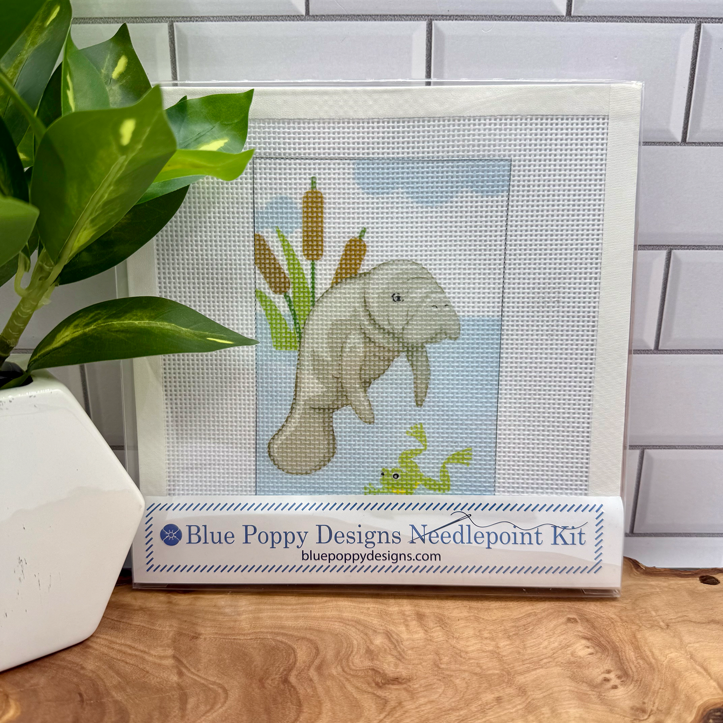 Manatee (with frog) Needlepoint Kit Embroidery/Cross Stitch Supplies Blue Poppy Designs