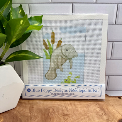 Manatee (with frog) Needlepoint Kit Embroidery/Cross Stitch Supplies Blue Poppy Designs