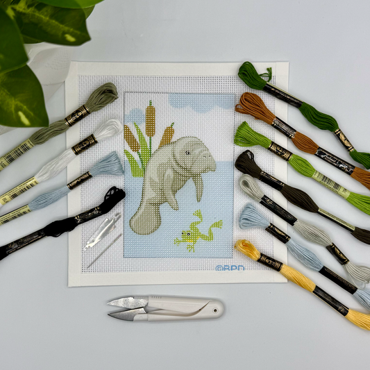 Manatee (with frog) Needlepoint Kit Embroidery/Cross Stitch Supplies Blue Poppy Designs