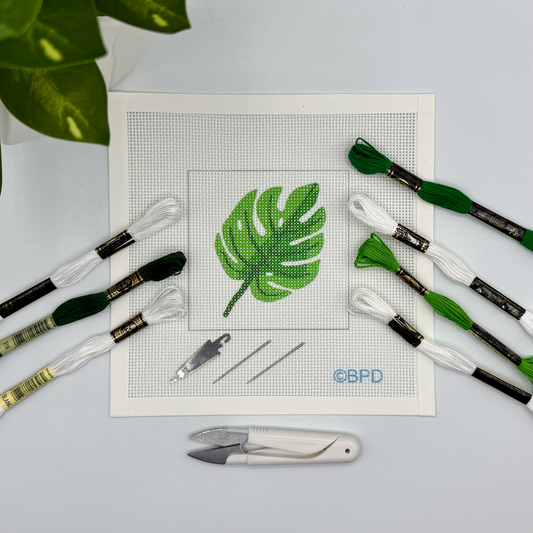 Monstera Leaf Needlepoint Kit Embroidery/Cross Stitch Supplies Blue Poppy Designs