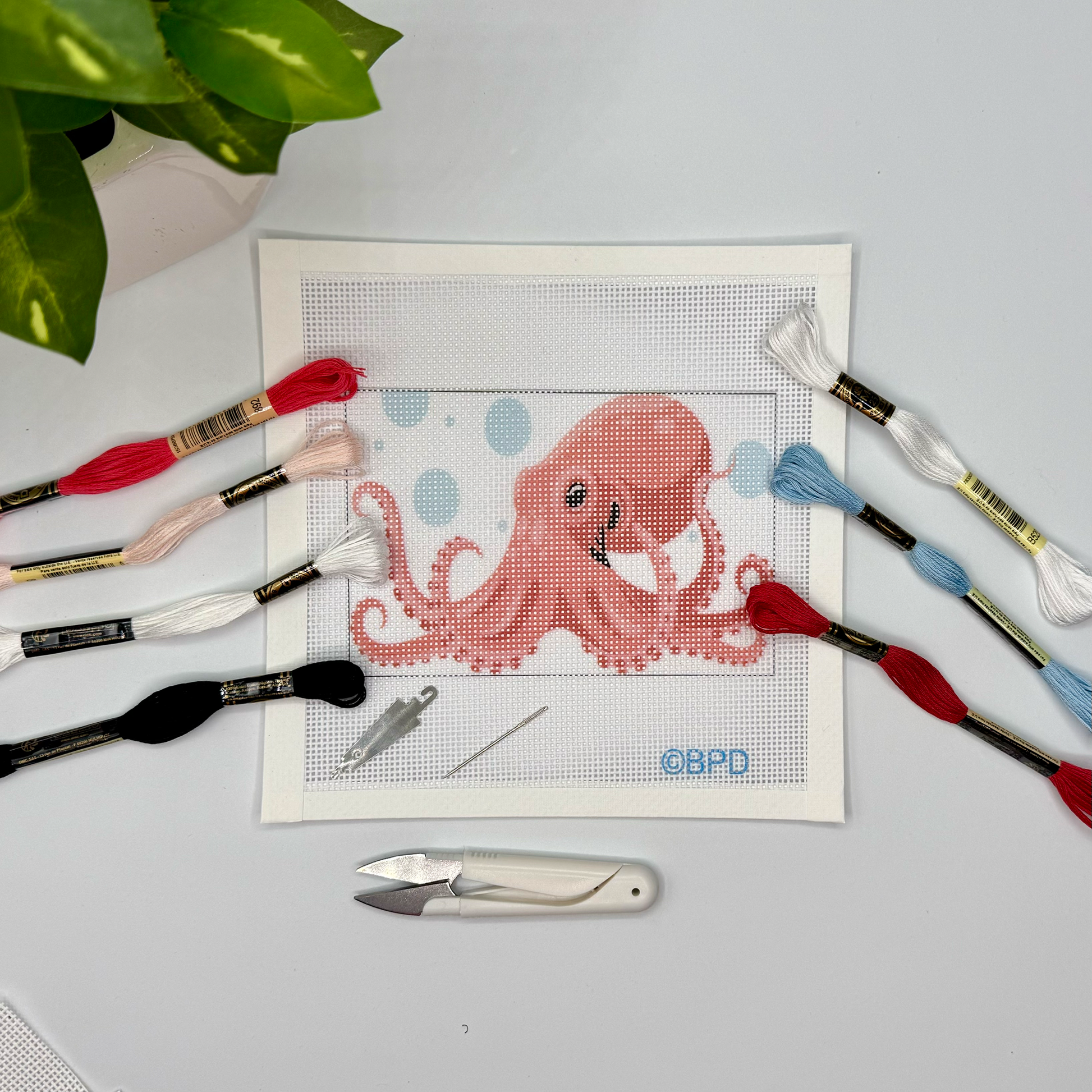 Octopus Needlepoint Kit (octopus with bubbles 4" x 6") Embroidery/Cross Stitch Supplies Blue Poppy Designs