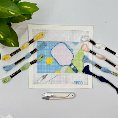 Pickleball Needlepoint Kit (pink paddle) Embroidery/Cross Stitch Supplies Blue Poppy Designs