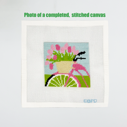 Bicycle with Pink Flowers Needlepoint Kit Embroidery/Cross Stitch Supplies Blue Poppy Designs