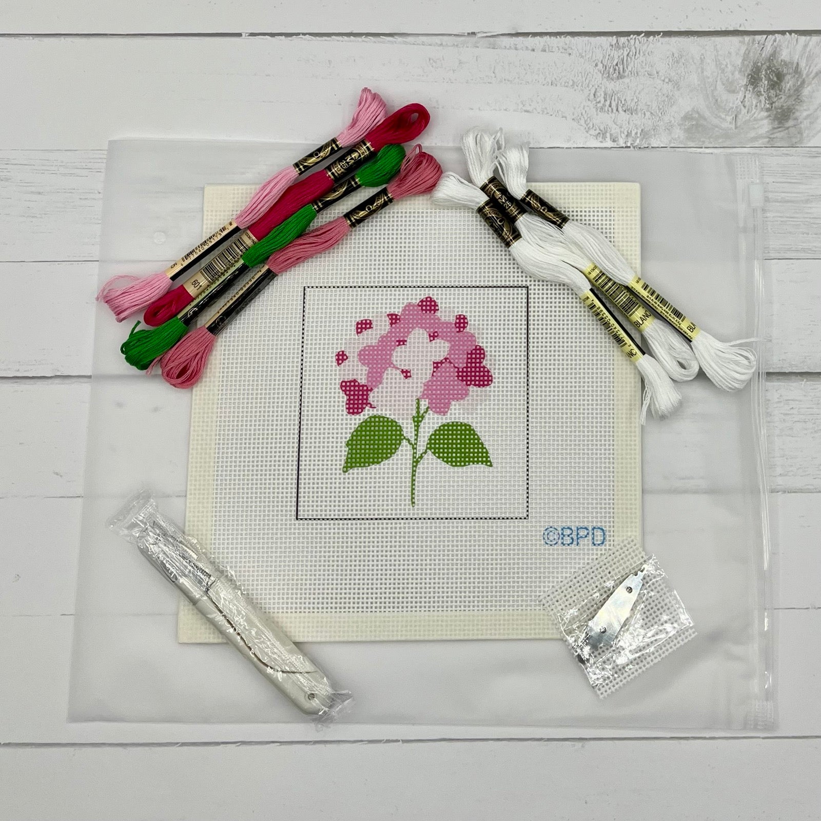Pink Hydrangea Needlepoint Kit Embroidery/Cross Stitch Supplies Blue Poppy Designs