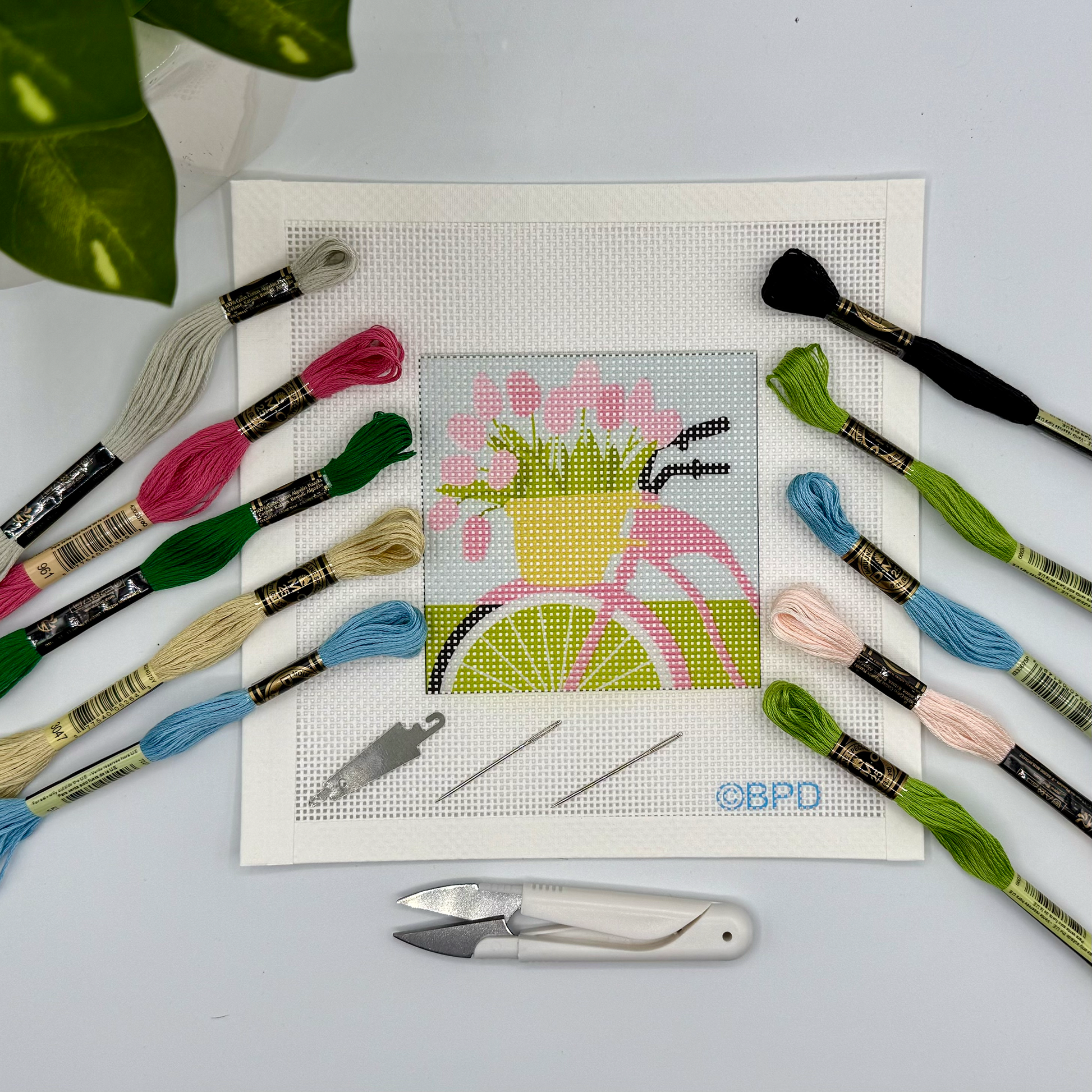 Bicycle with Pink Flowers Needlepoint Kit Embroidery/Cross Stitch Supplies Blue Poppy Designs