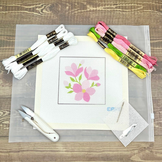 Pink Flowers Needlepoint Kit Embroidery/Cross Stitch Supplies Blue Poppy Designs